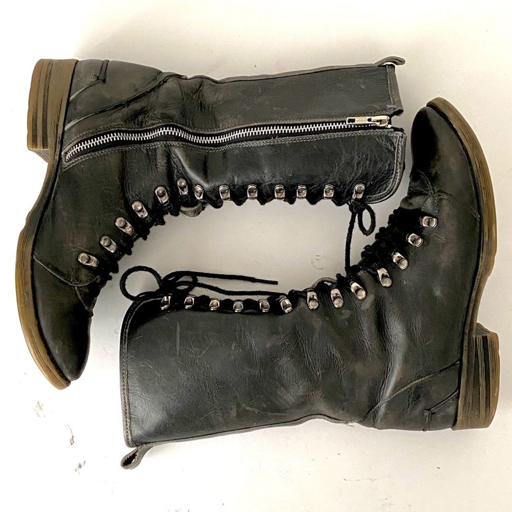 BED STU Dark Gray Combat Tall Boots Sz 8 Distressed Lace Up Zip Boho Urban Punk - Picture 3 of 10